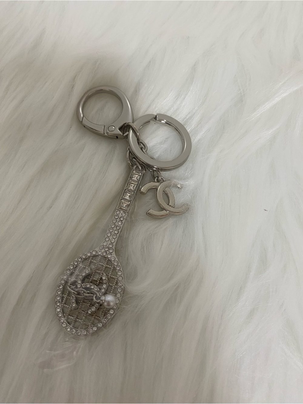 Silver Crystal Tennis Racket Key Charm with Logo
